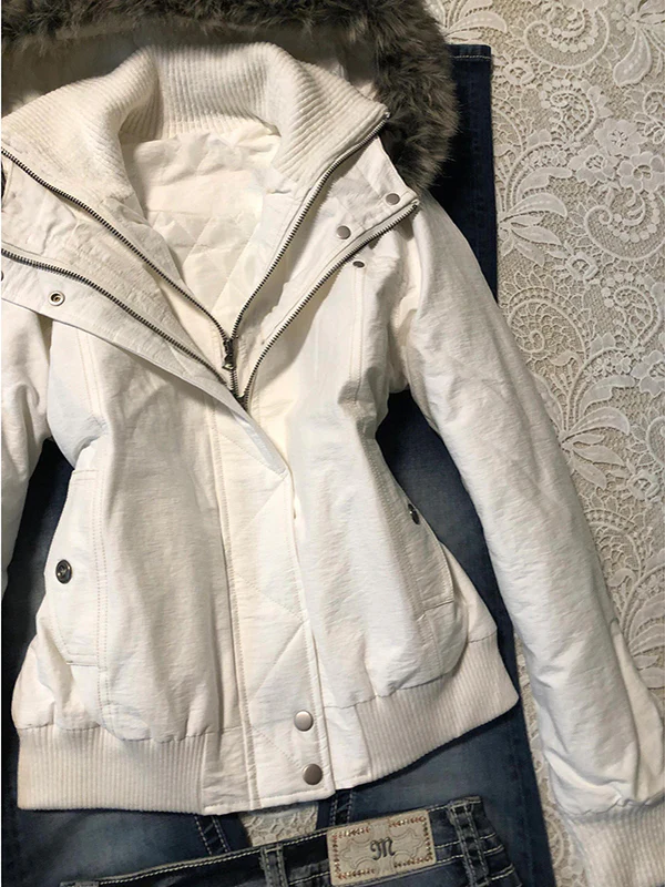 retro white quilted fur collar hooded cotton coat - Image 5