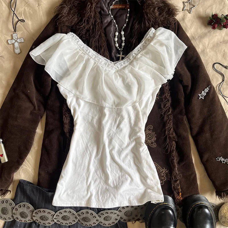 retro white v-neck ruffled shirt - Image 4
