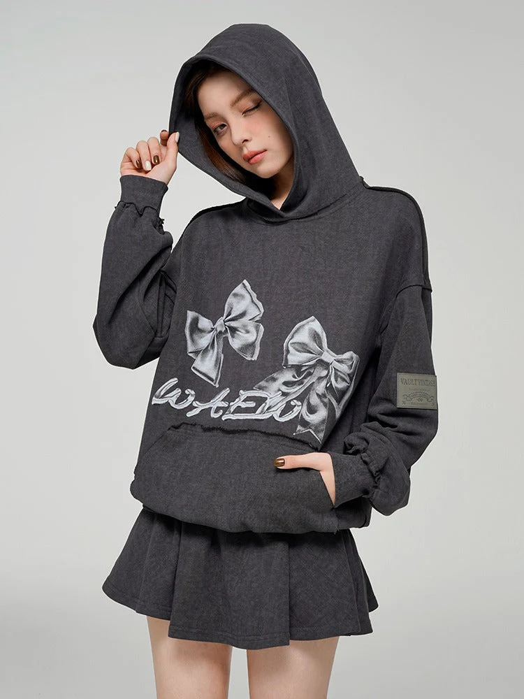 Ribbon Print Loose Sweatshirt Hoodie + Skirt - Image 3