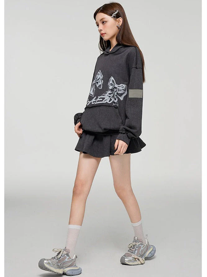Ribbon Print Loose Sweatshirt Hoodie + Skirt - Image 4