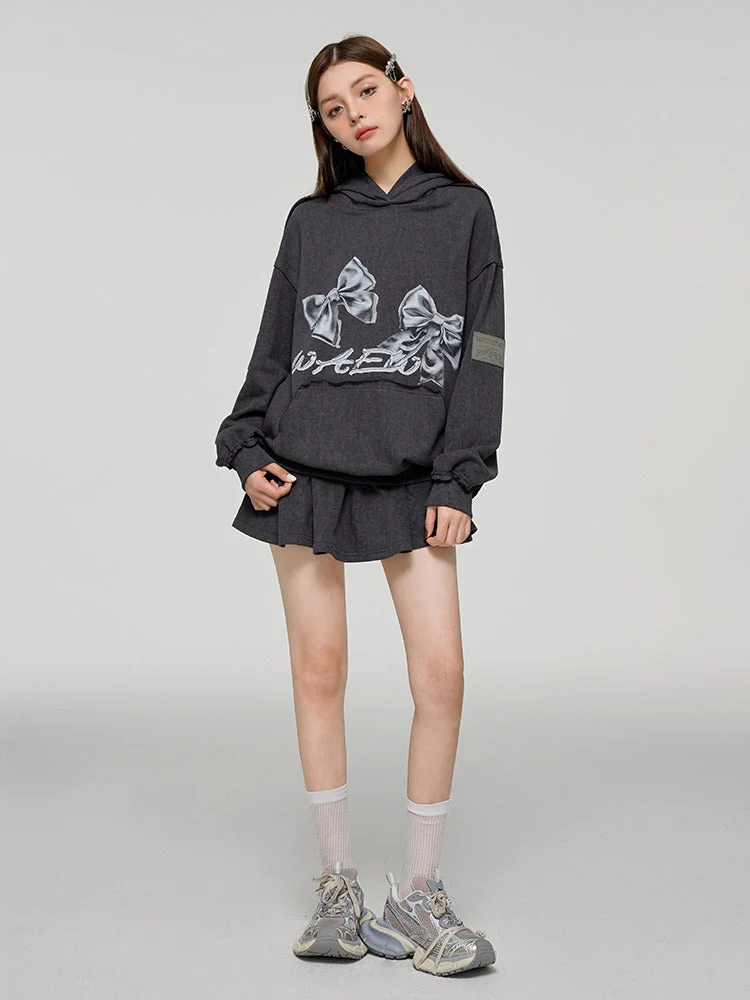 Ribbon Print Loose Sweatshirt Hoodie + Skirt - Image 7