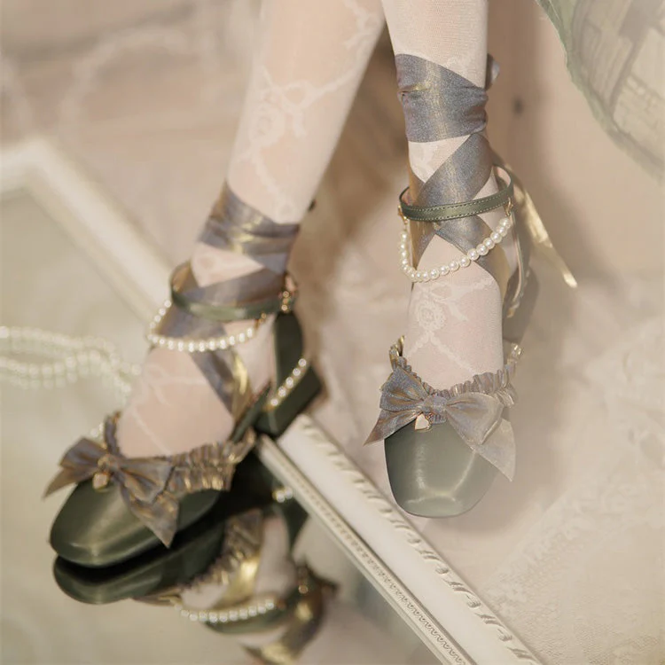 Romance Bowknot Lace Pearl Sweet Elegant Lolita Shoes 4 Colors - Image 14