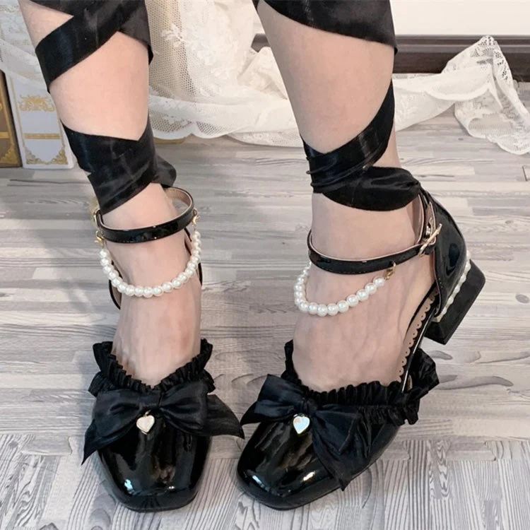 Romance Bowknot Lace Pearl Sweet Elegant Lolita Shoes 4 Colors - Image 3