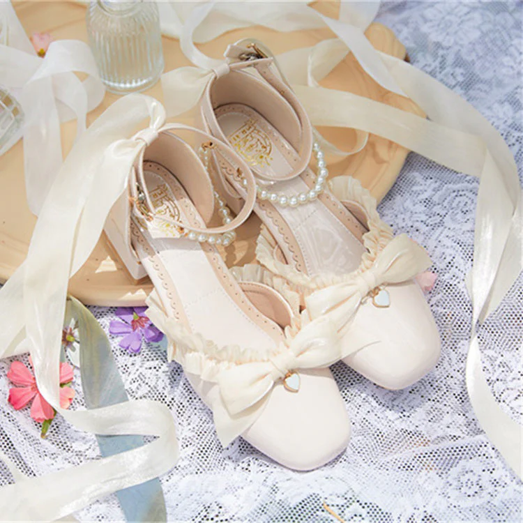 Romance Bowknot Lace Pearl Sweet Elegant Lolita Shoes 4 Colors - Image 4
