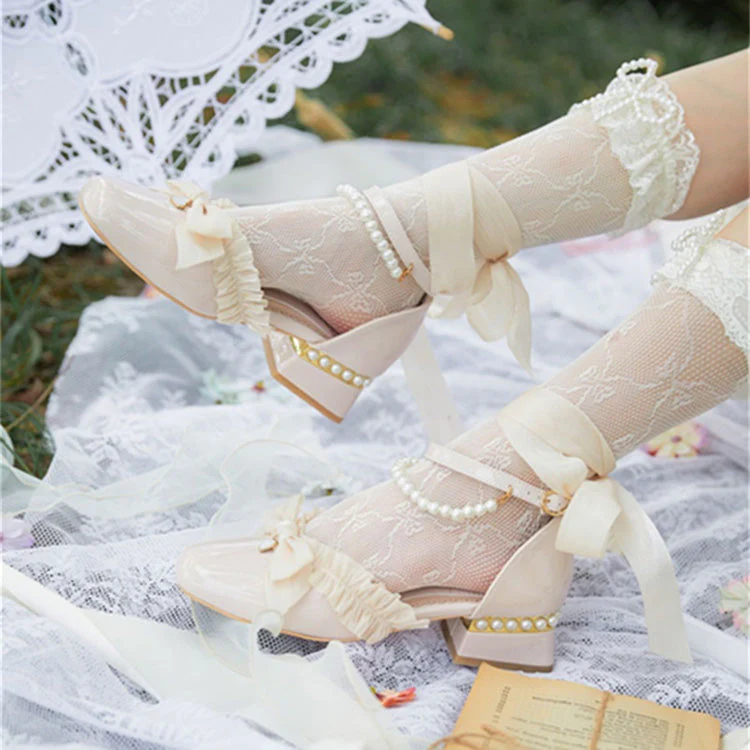 Romance Bowknot Lace Pearl Sweet Elegant Lolita Shoes 4 Colors - Image 5