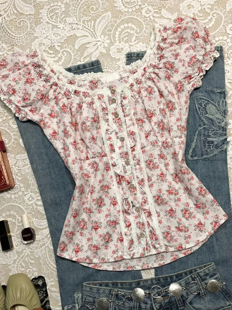 rose floral puff-sleeved shirt - Image 4