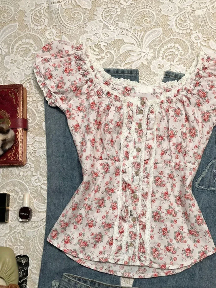 rose floral puff-sleeved shirt - Image 5
