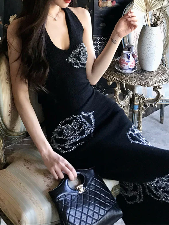 Rose Jacquard Knitted Dark Coquette Dress - Image 4