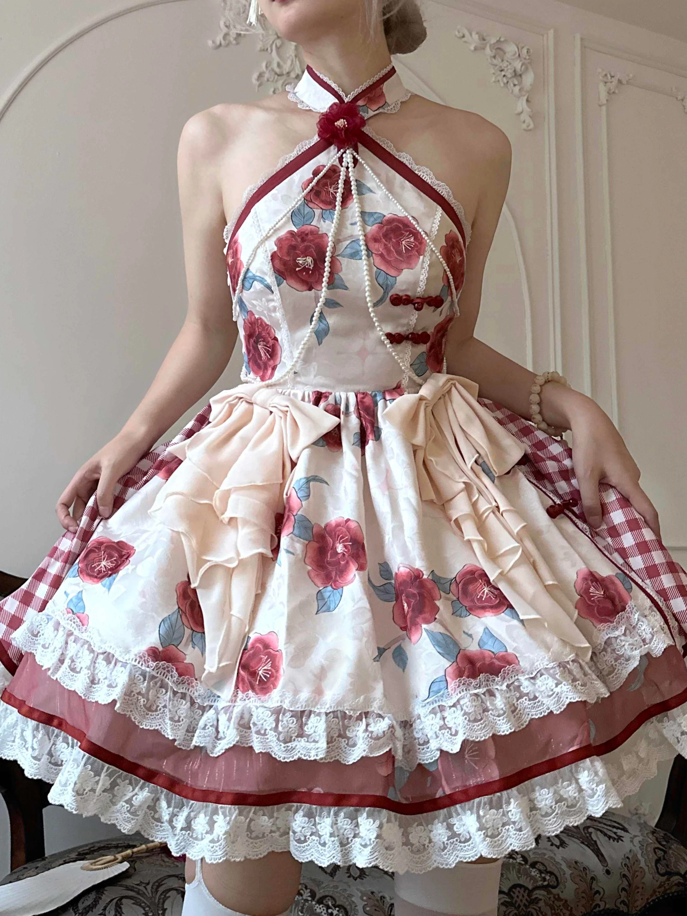 Rose Print Lace Hem Cheongsam Dress - Image 2