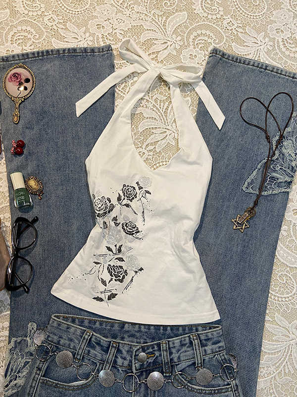Rose Printed Halter Neck Top - Image 2