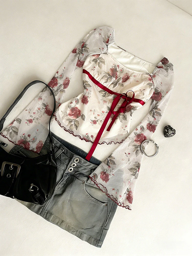 rose strap mesh long-sleeved top - Image 2