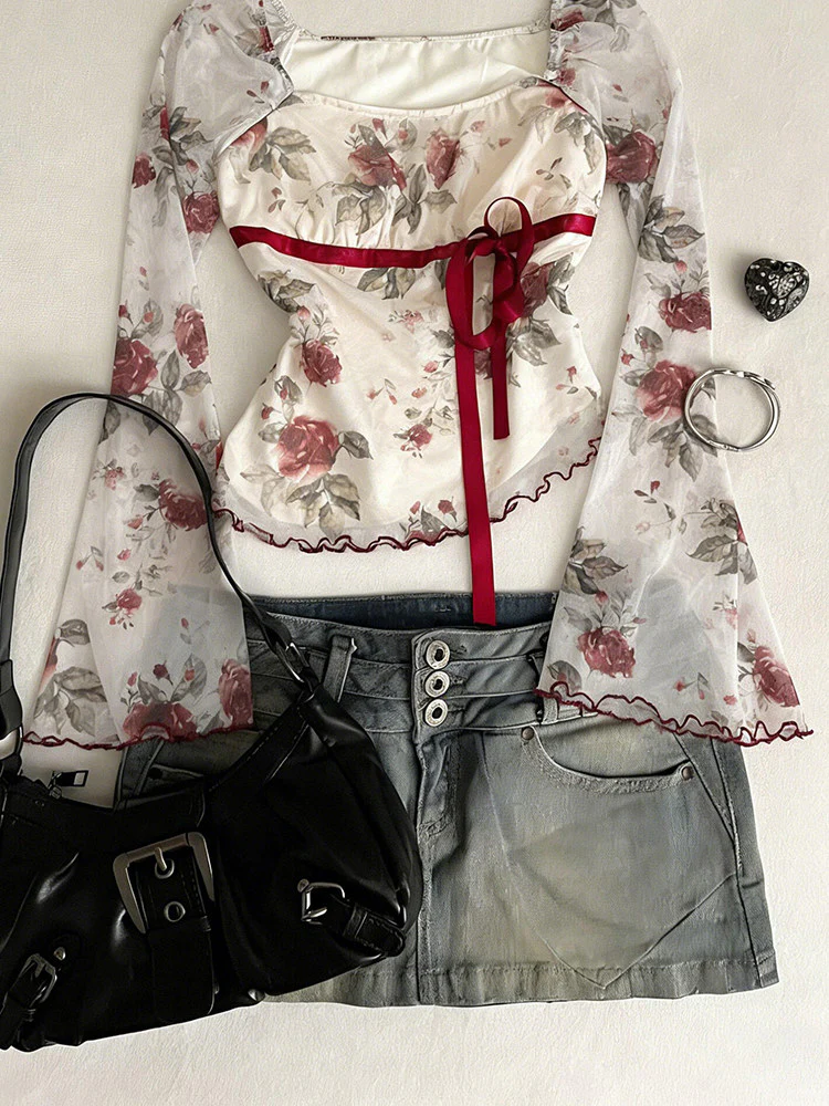 rose strap mesh long-sleeved top - Image 3