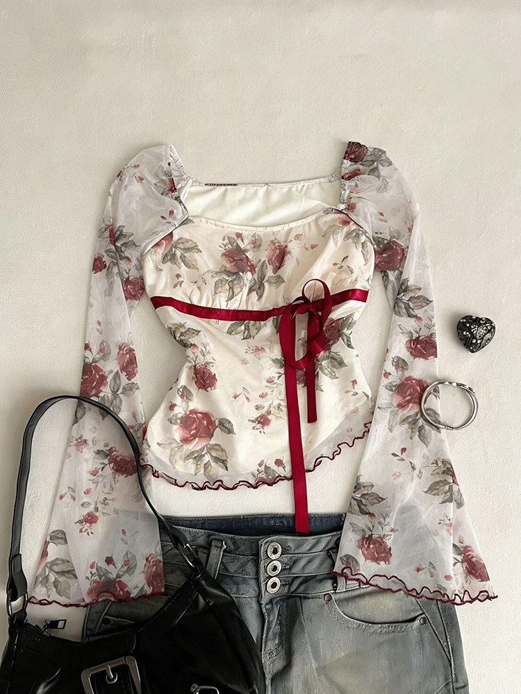 rose strap mesh long-sleeved top - Image 4