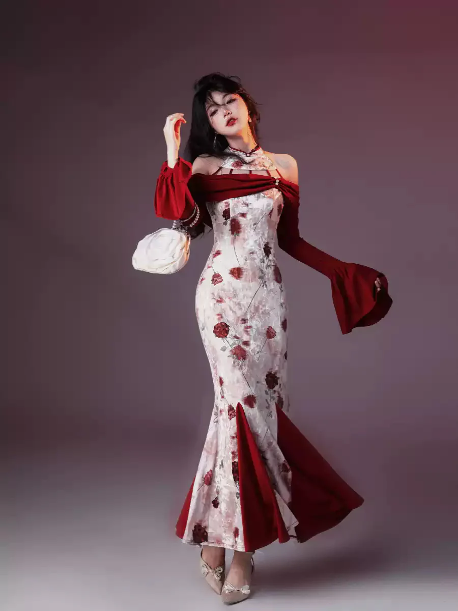 Rose Velvet Printed Fishtail Cheongsam Dress - Image 4