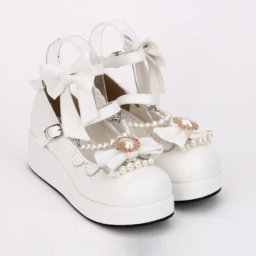 Round toe Bowknot Pearl Chain Classic Lolita Shoes - Image 3
