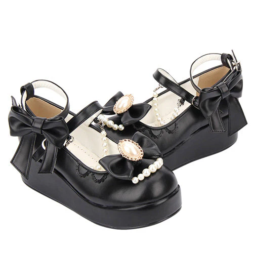 Round toe Bowknot Pearl Chain Classic Lolita Shoes - Image 4