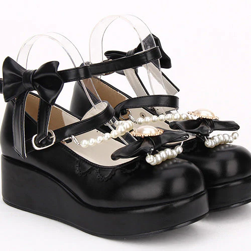 Round toe Bowknot Pearl Chain Classic Lolita Shoes - Image 5
