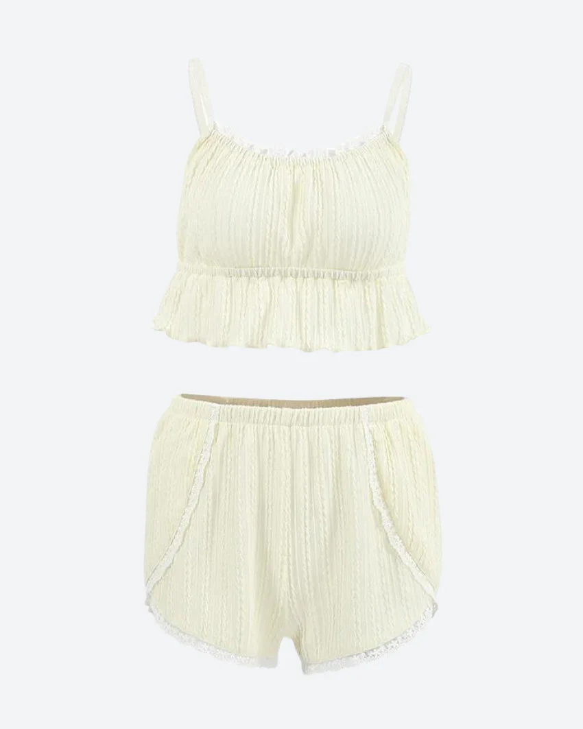Ruffled Crop Top & Lace Trim Shorts Two Piece Coord - Image 5
