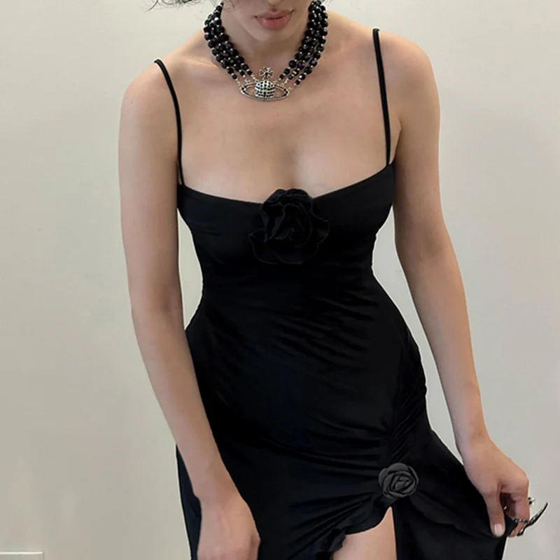 Ruffled Hem Slit Dark Coquette Dress - Image 3