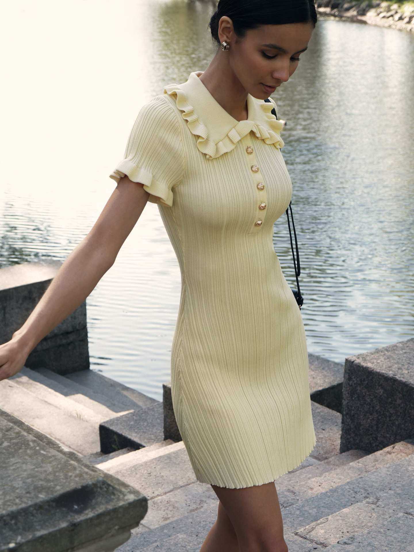Ruffled Lapel Short-sleeved Sweater Dress - Image 2