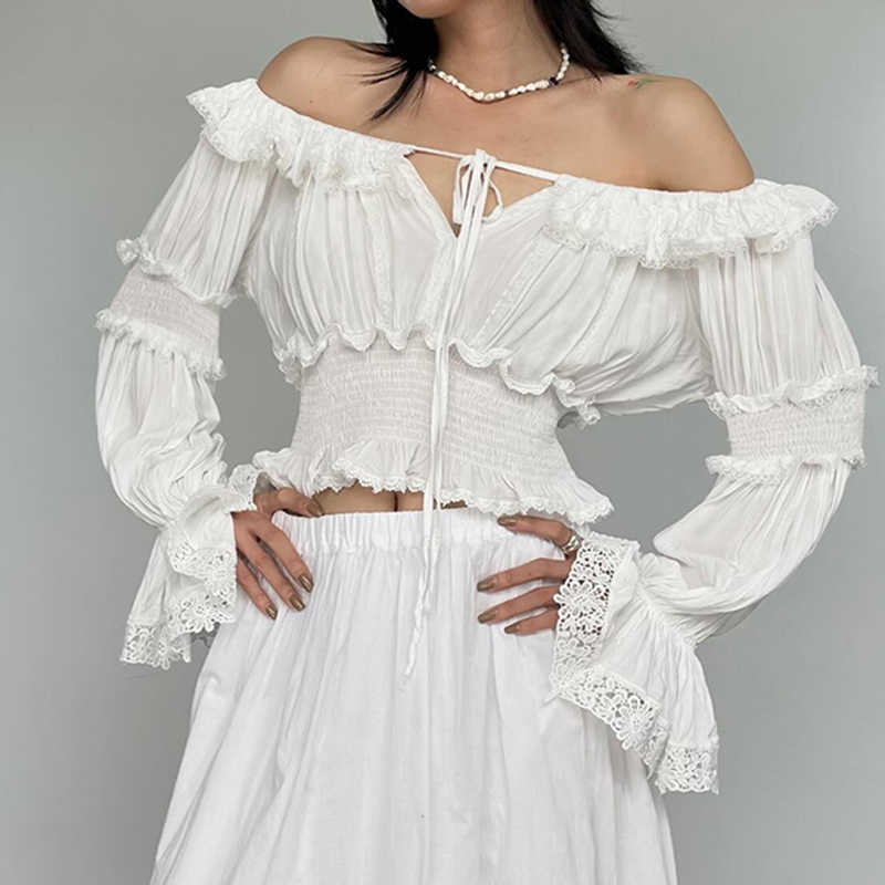 Ruffled Off-shoulder Trumpet Long-sleeved Shirt - Image 3