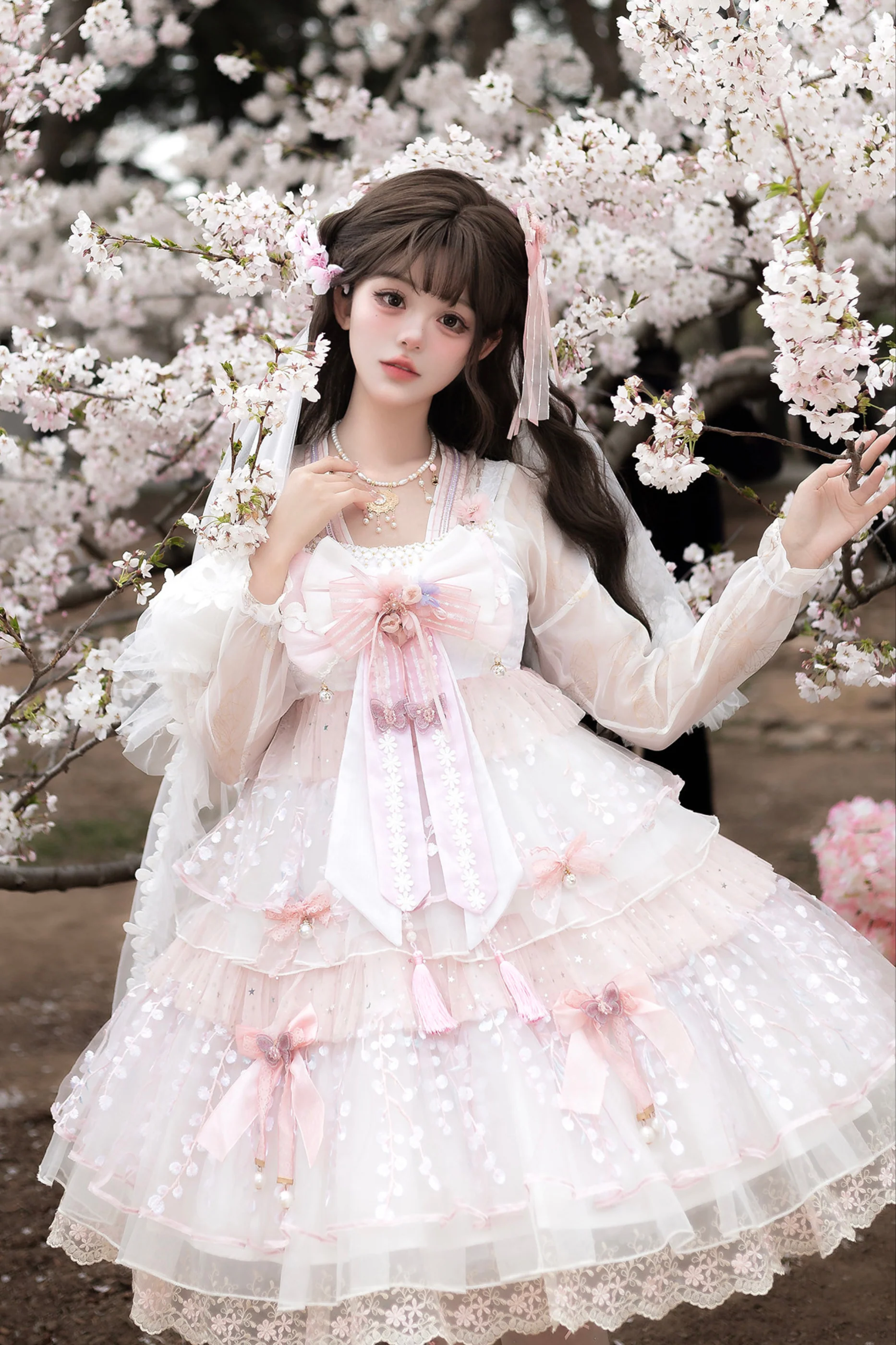 Sakura Sweet China Lolita Shirt + Necklace + Bow + Veil + Clip - Image 15