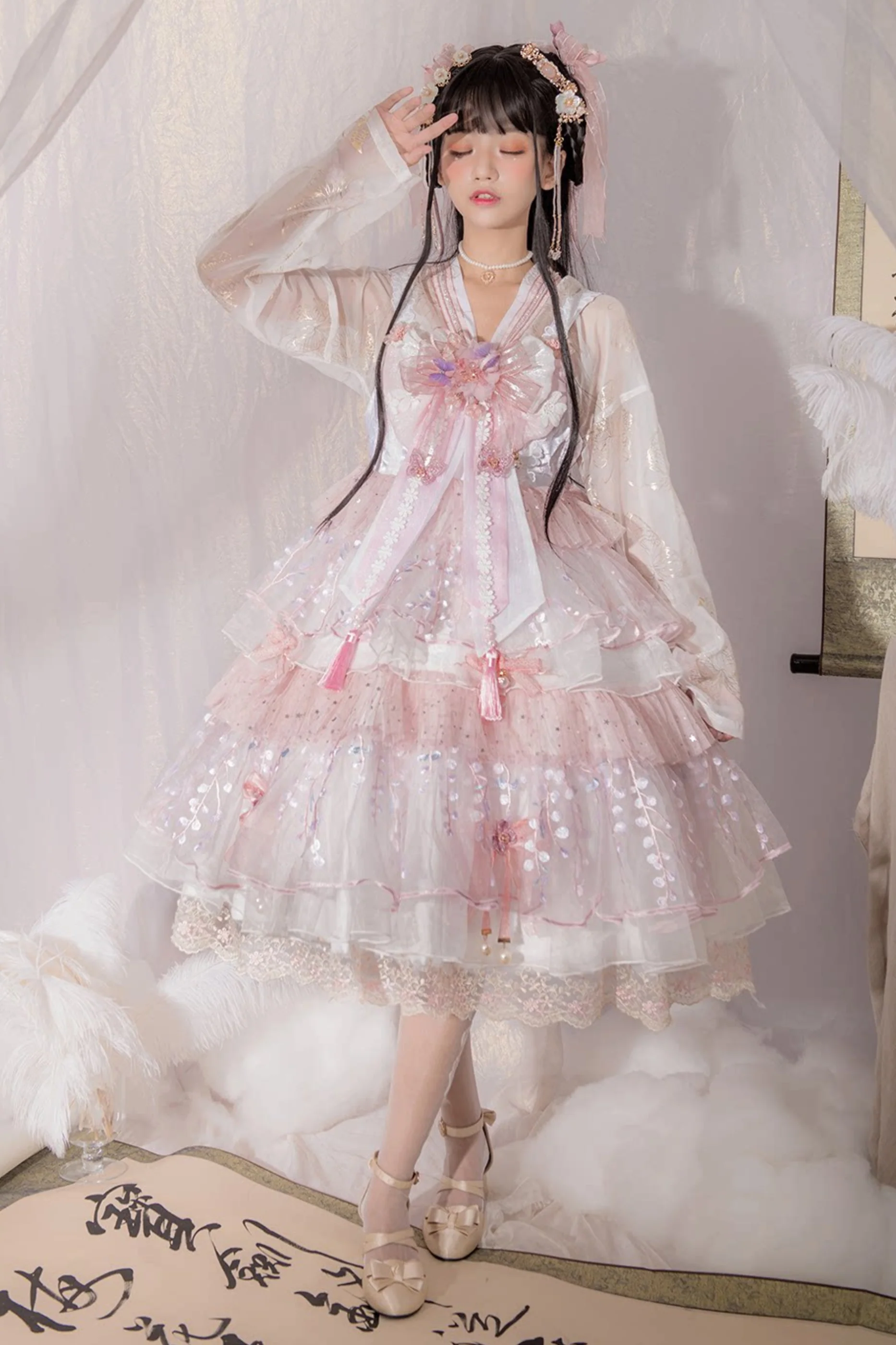 Sakura Sweet China Lolita Shirt + Necklace + Bow + Veil + Clip - Image 29