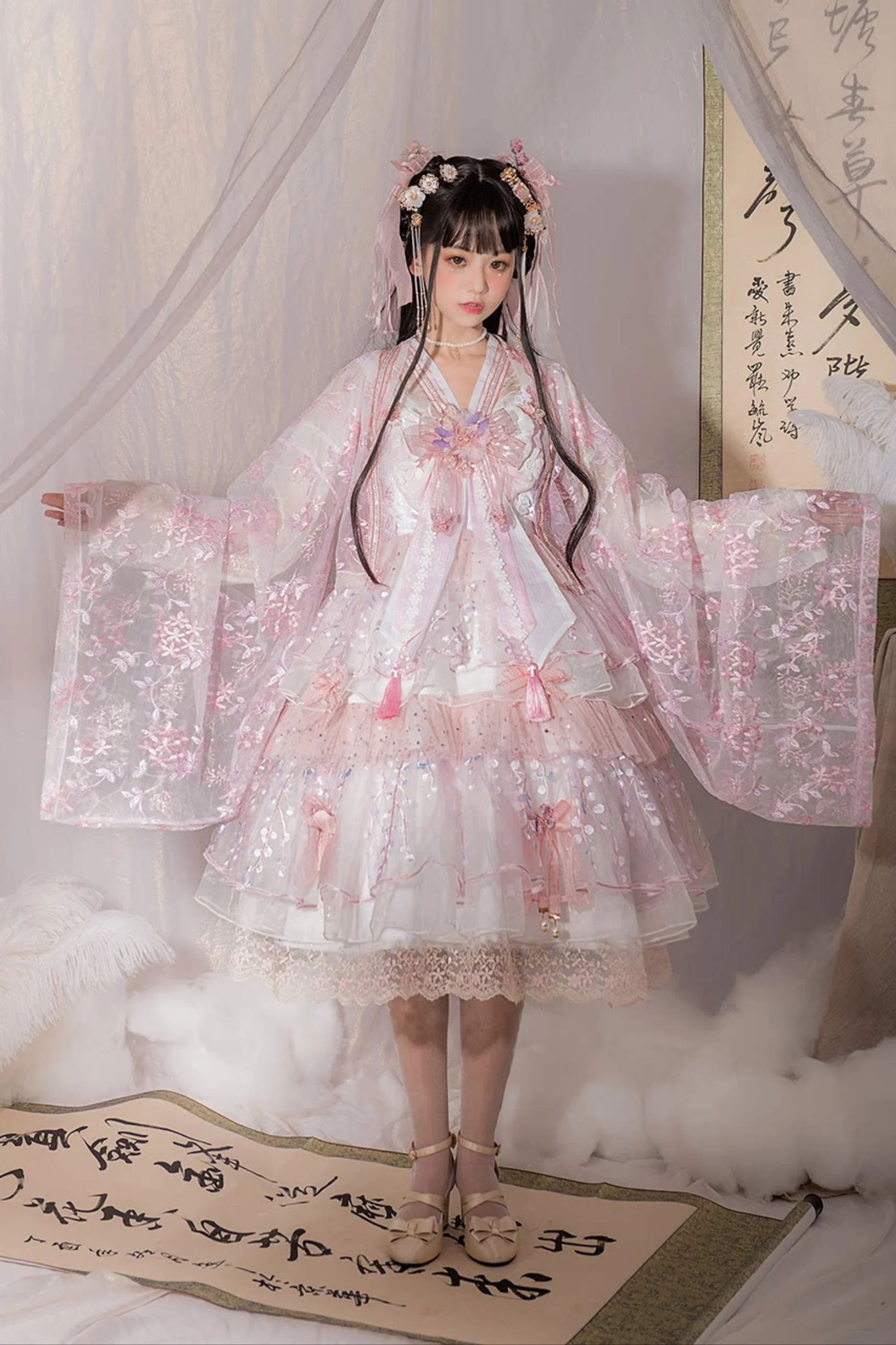 Sakura Sweet China Lolita Shirt + Necklace + Bow + Veil + Clip - Image 31