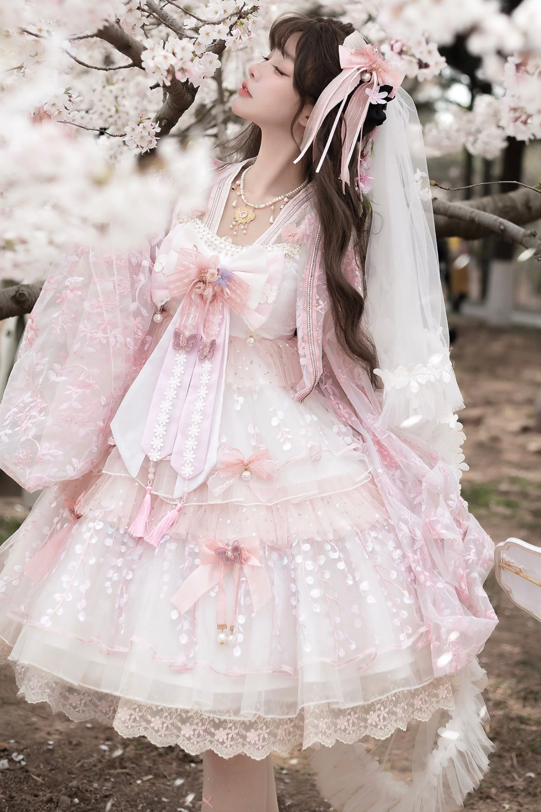 Sakura Sweet China Lolita Shirt + Necklace + Bow + Veil + Clip - Image 42