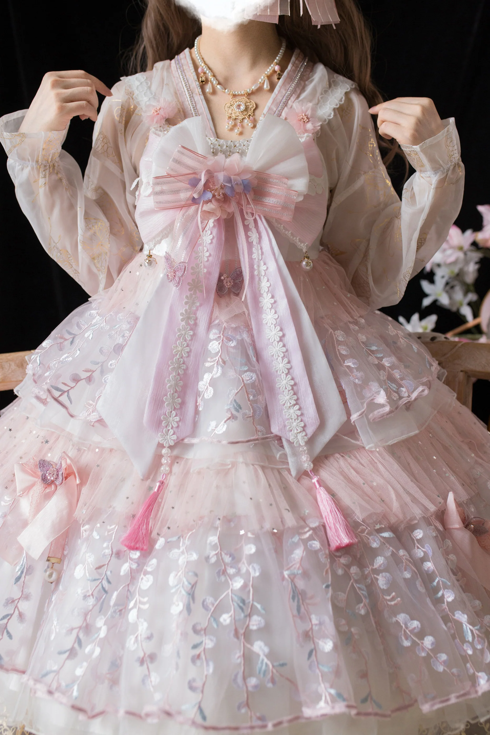 Sakura Sweet China Lolita Shirt + Necklace + Bow + Veil + Clip - Image 46