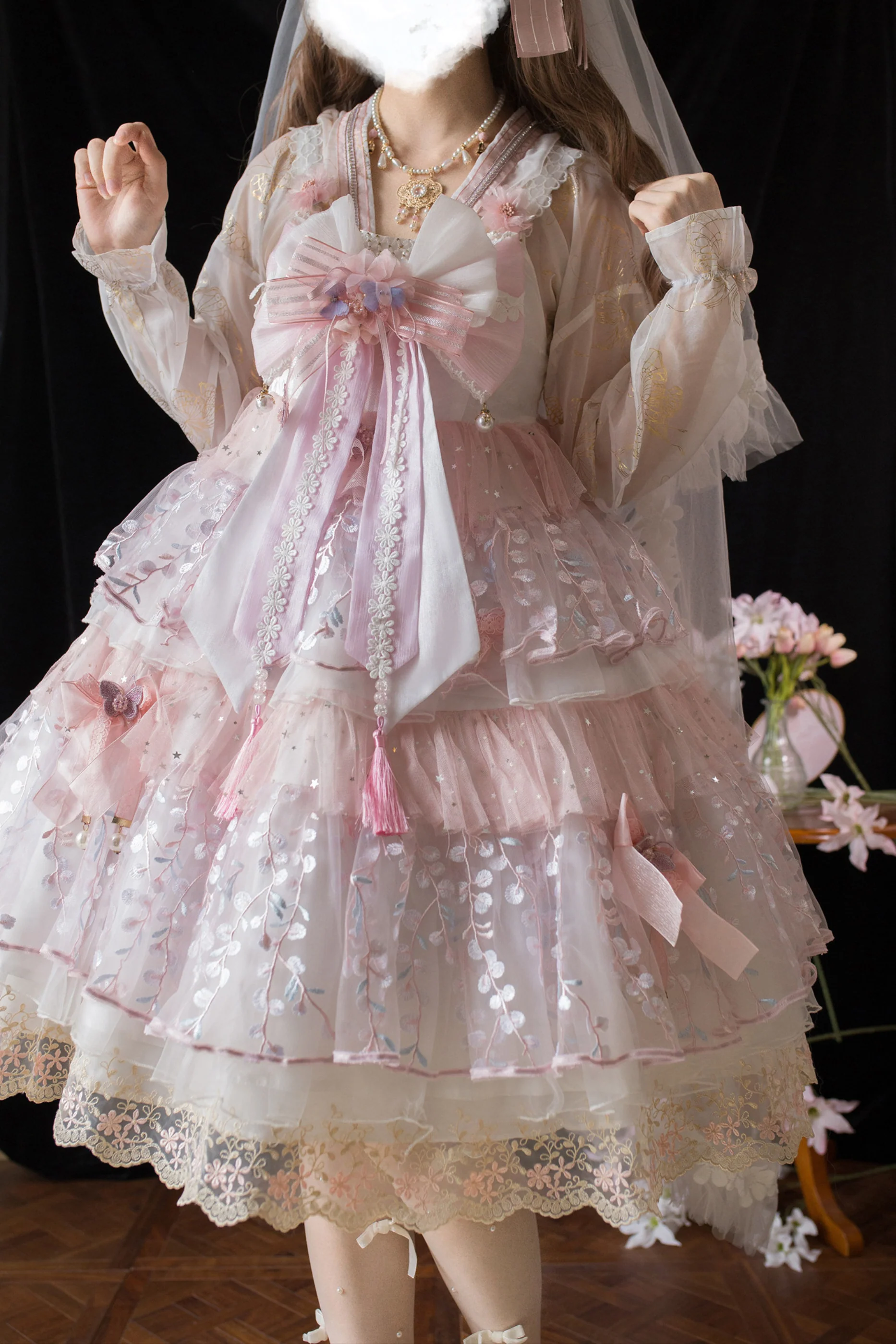 Sakura Sweet China Lolita Shirt + Necklace + Bow + Veil + Clip - Image 49