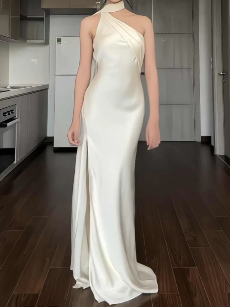 Satin Oblique Shoulder Backless Dress