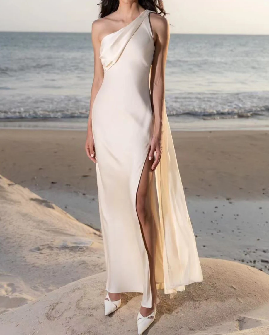Satin Oblique Shoulder Backless Dress - Image 3