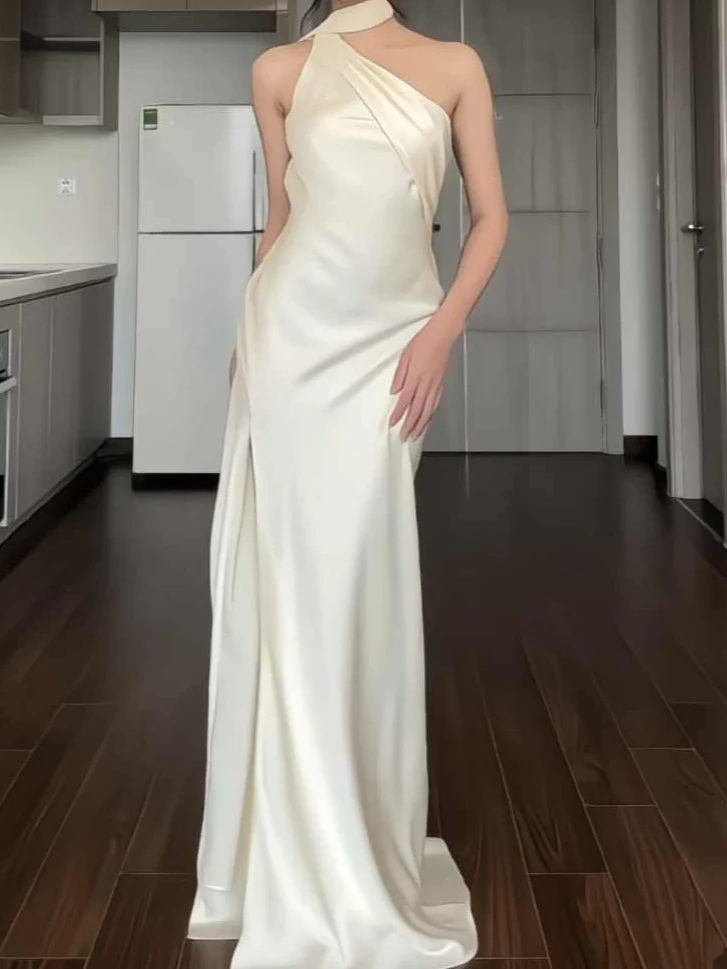 Satin Oblique Shoulder Backless Dress - Image 5