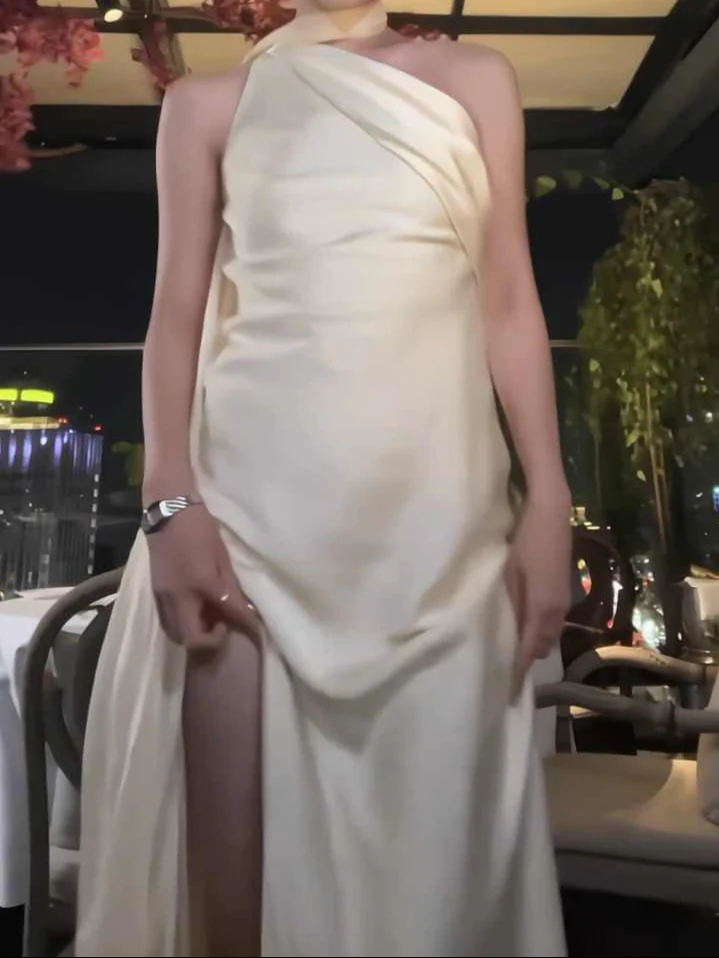 Satin Oblique Shoulder Backless Dress - Image 6