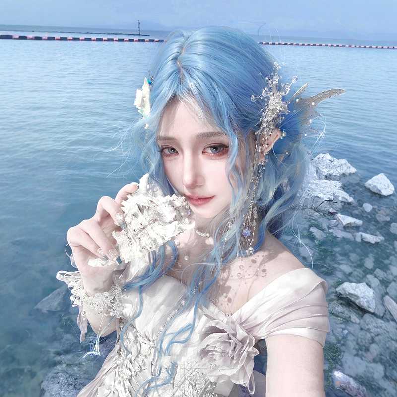 Sea Elf Blue Long Curly Wig - Image 2