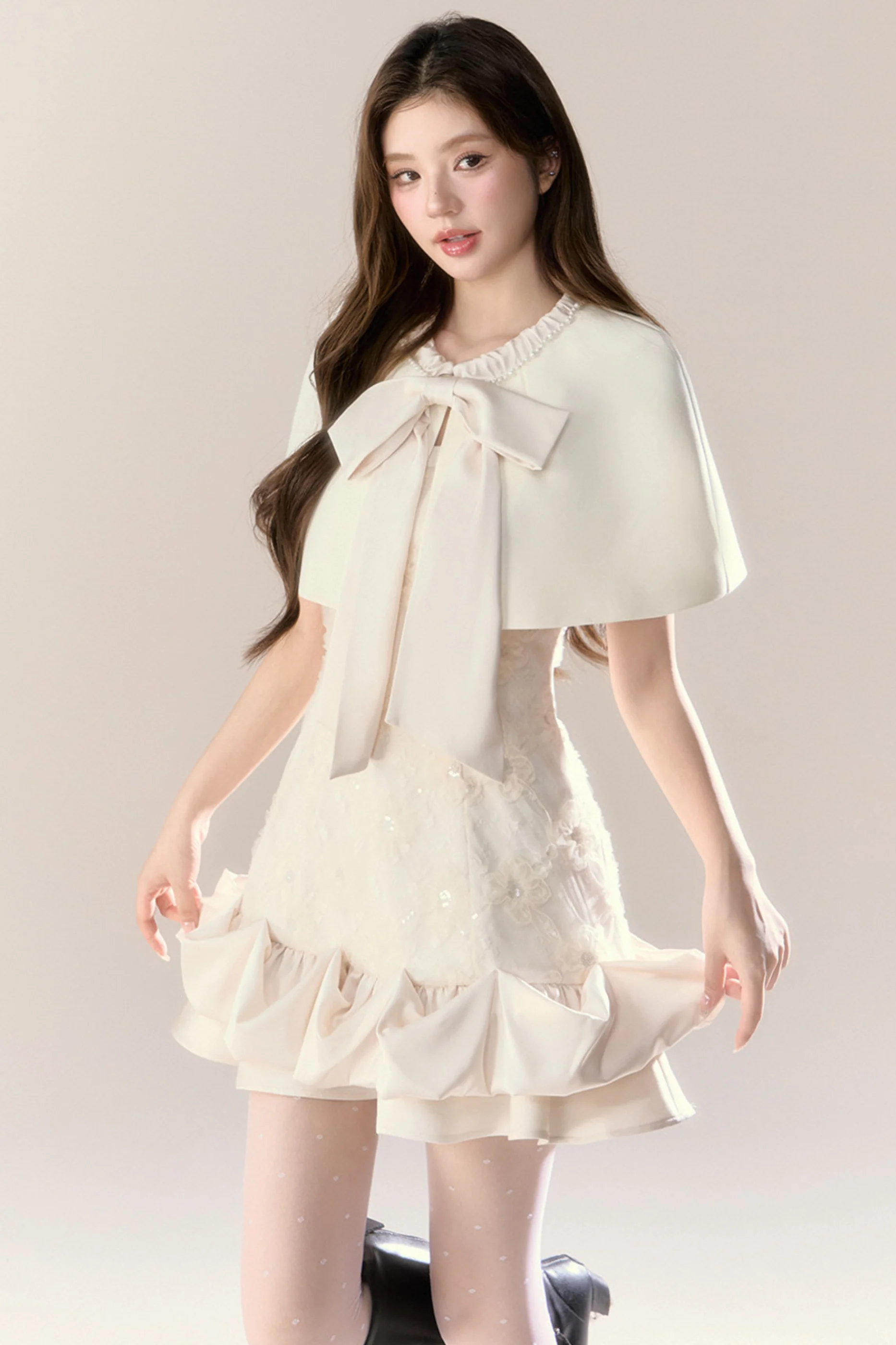 Frill Girly Pure Sleeveless Dress + Ribbon Cape - Image 3