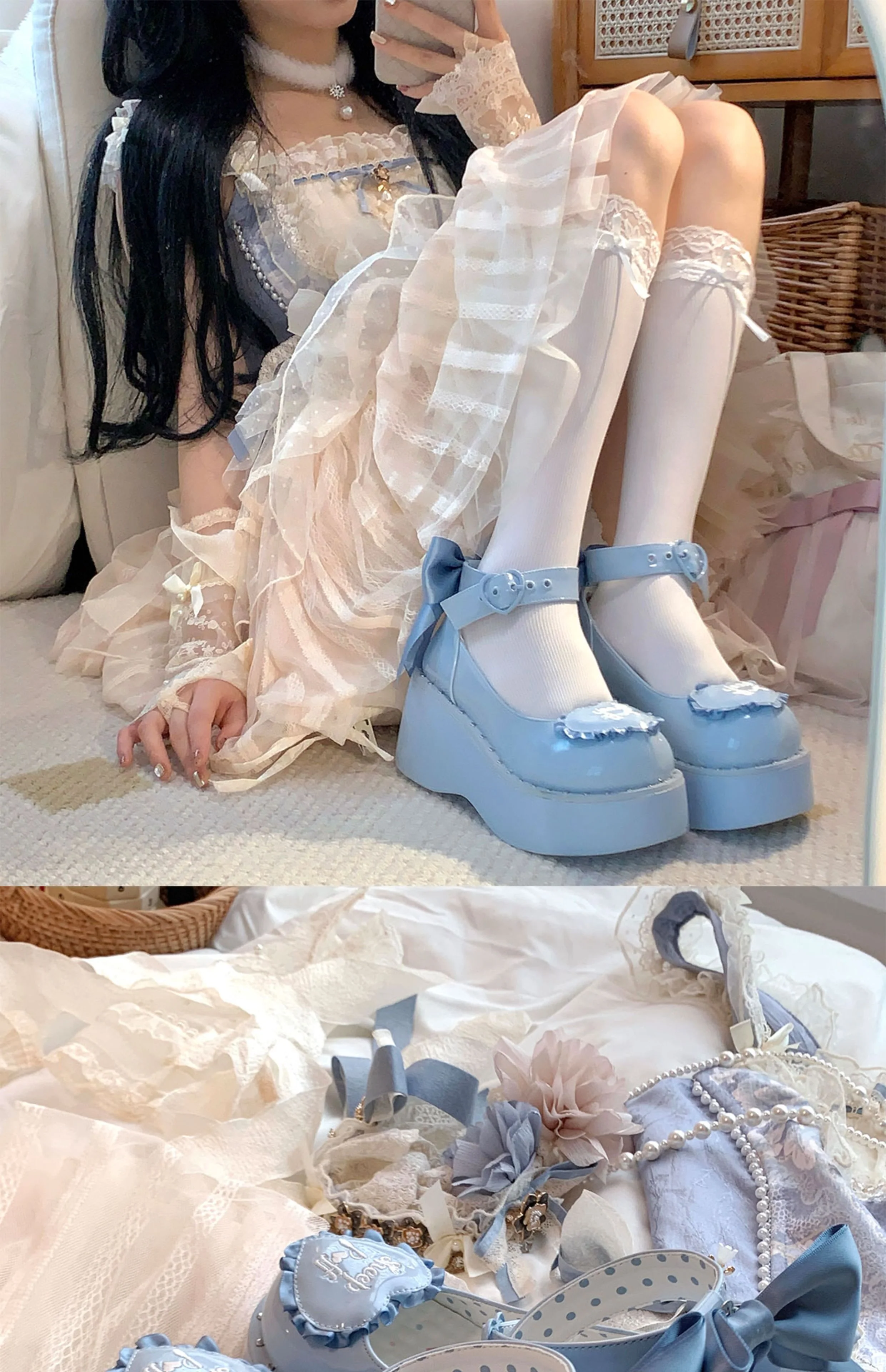 Sheep Puff Lolita Bow Platform Shoes - Image 2