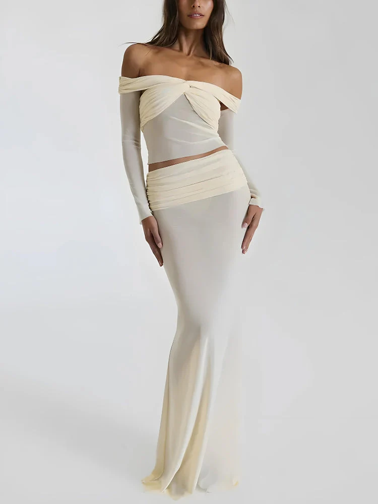 Sheer Off Shoulder Top & Maxi Skirt Two Piece Coord
