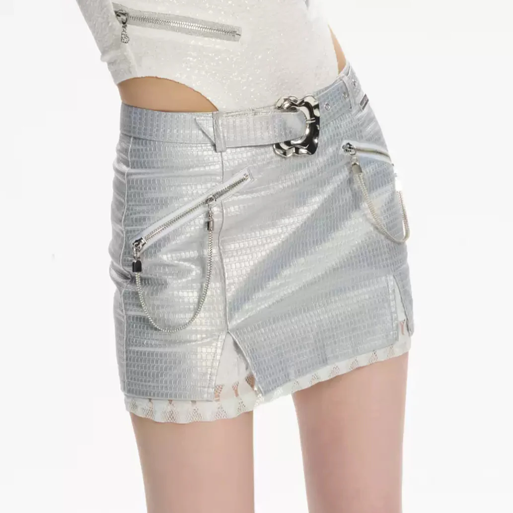 Silver metallic zipper summer leather A-line skirt - Image 2