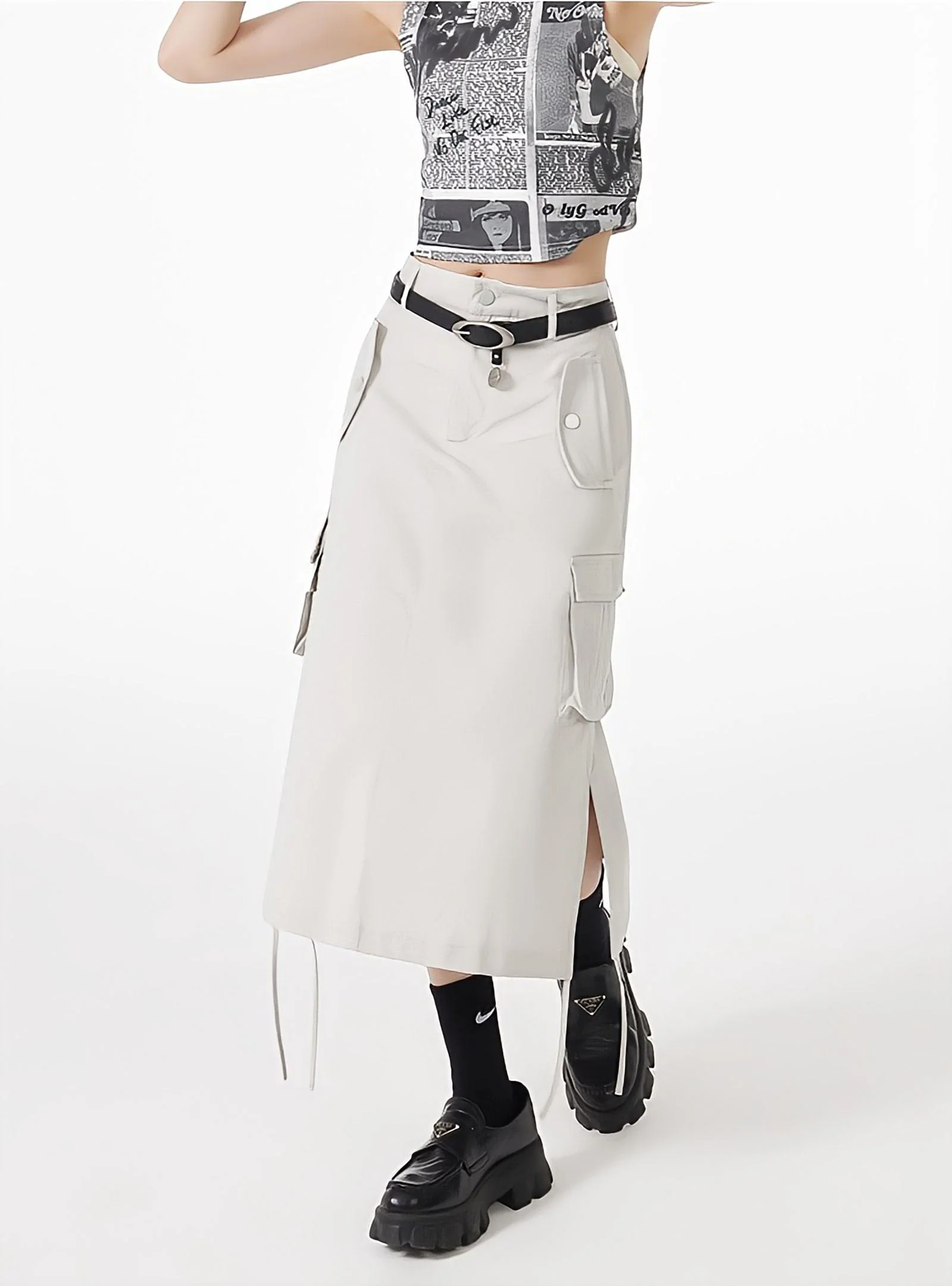 Slit & String Detailed Cargo Midi Skirt - Image 3
