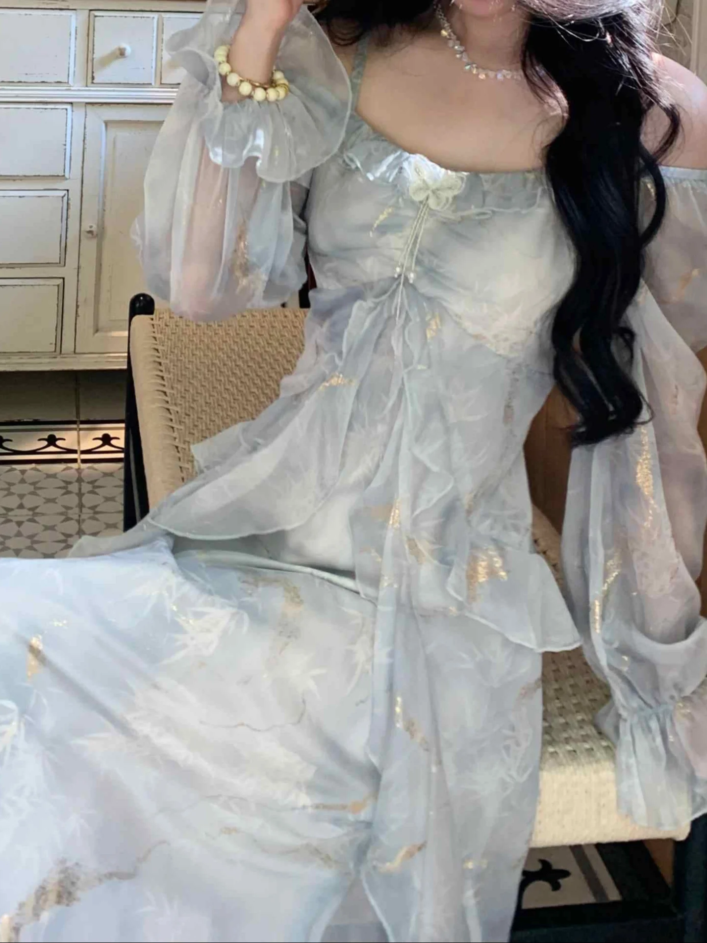 Smudged Fairy Butterfly Bronzing Ruffled Dress - Image 3