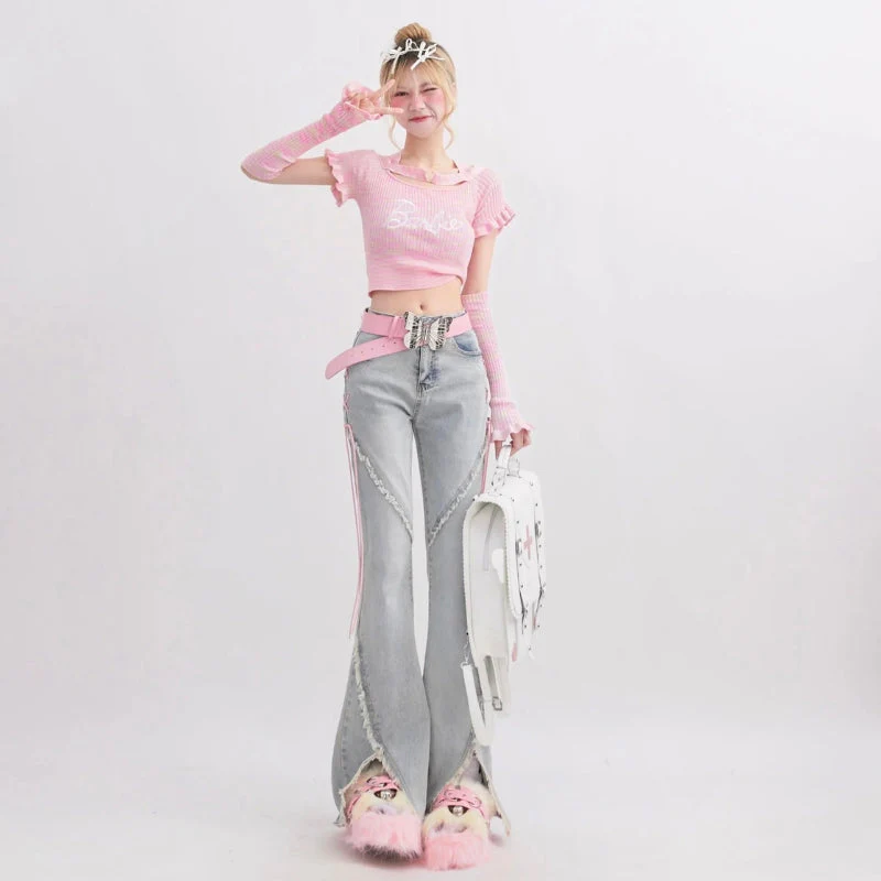 Soft Girl Lace Up Slit Bell Bottom Jeans - Image 5