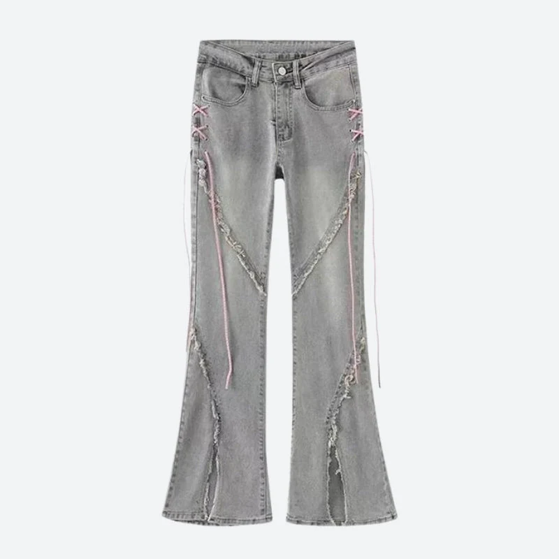 Soft Girl Lace Up Slit Bell Bottom Jeans - Image 6