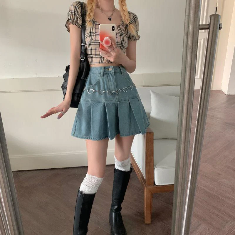 Soft Girl Pleated Denim Mini Skirt - Image 4