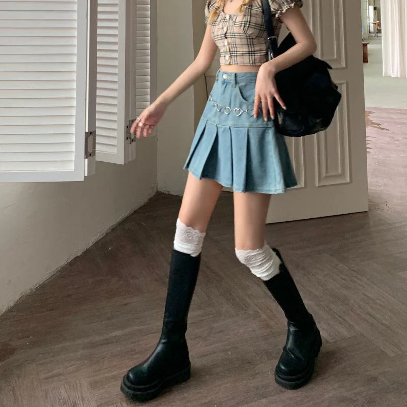Soft Girl Pleated Denim Mini Skirt - Image 8
