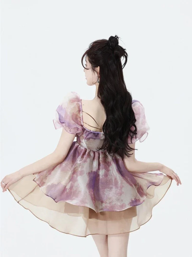 Soft Girl Puff Sleeve Layered Mini Dress - Image 2