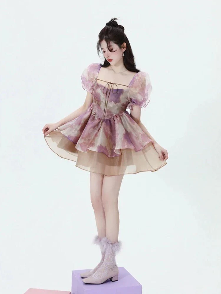 Soft Girl Puff Sleeve Layered Mini Dress - Image 3