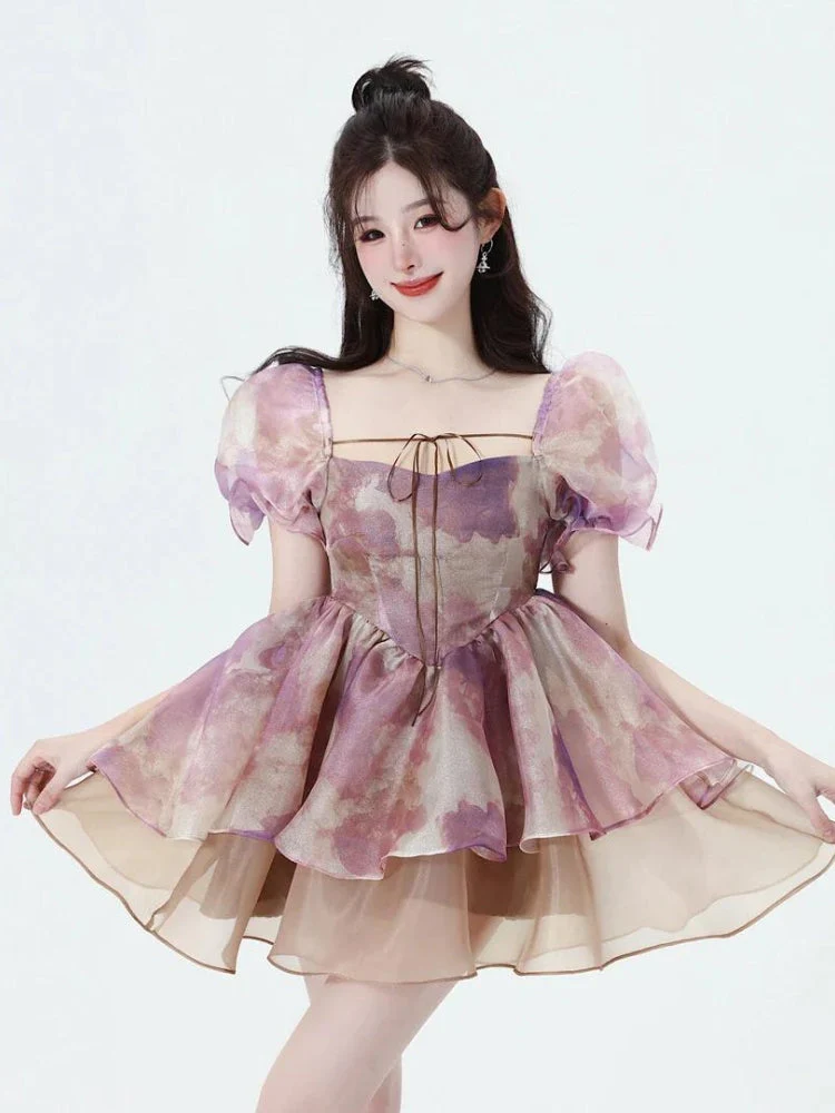 Soft Girl Puff Sleeve Layered Mini Dress - Image 4