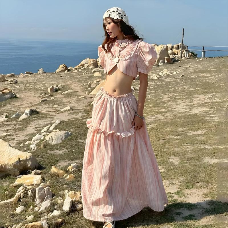 Soft Girl Striped Crop Top & Maxi Skirt Two Piece Set - Image 2